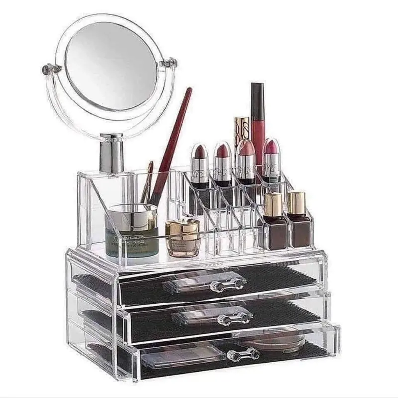 3-Tier Cosmetic Organizer With Integrated Mirror And Drawers 1