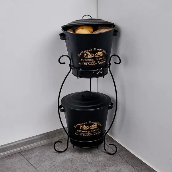 Black Metal Kitchen Storage Container For Potatoes And Onions 1