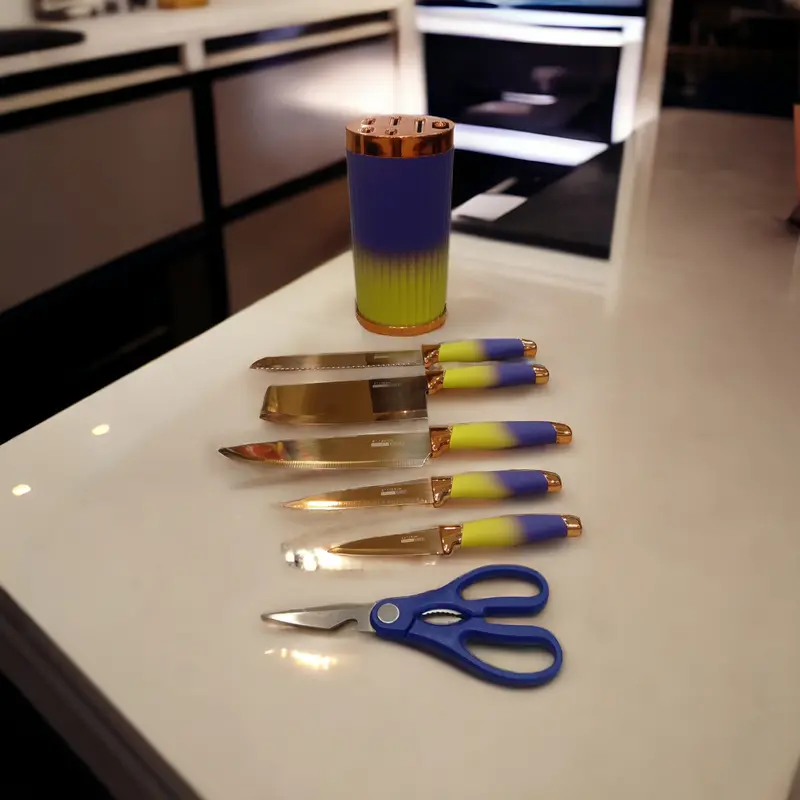Blue And Yellow Round Knife Block Set With Stand 1