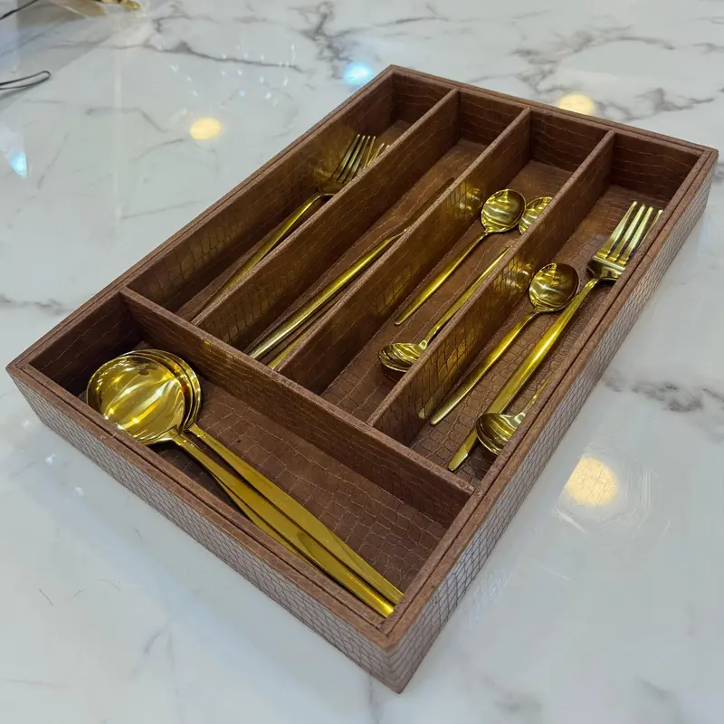 Brown Leather 5-Compartment Cutlery Organizer For Kitchen Drawer 1