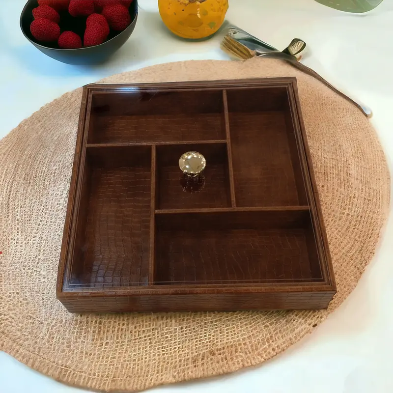 Brown Leather Dry Fruit Serving Tray With 5 Compartments And Lid 1