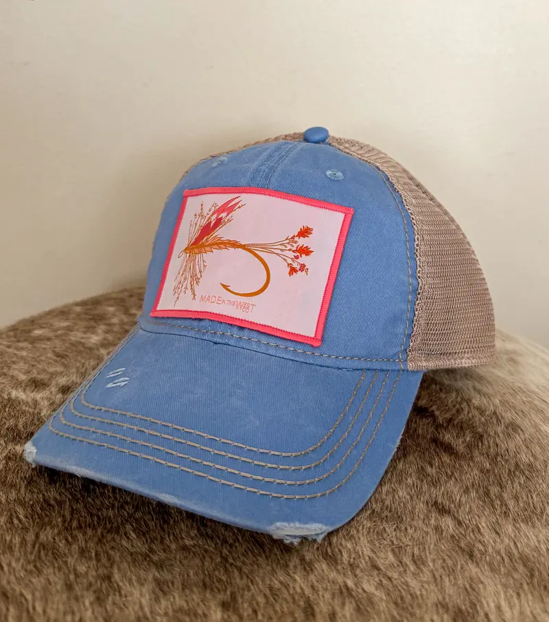 Distressed Columbia Blue Hat With Pink Wildflower Patch 1