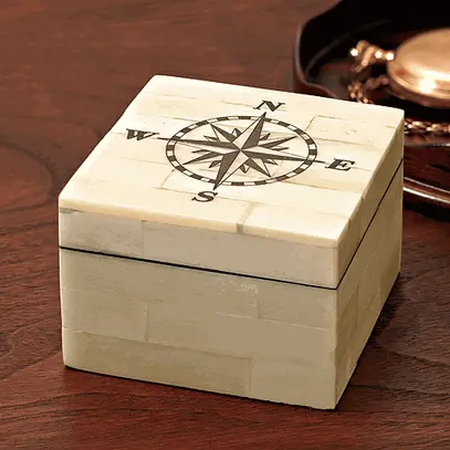 Hand-Carved Bone Compass Rose Keepsake Box 1