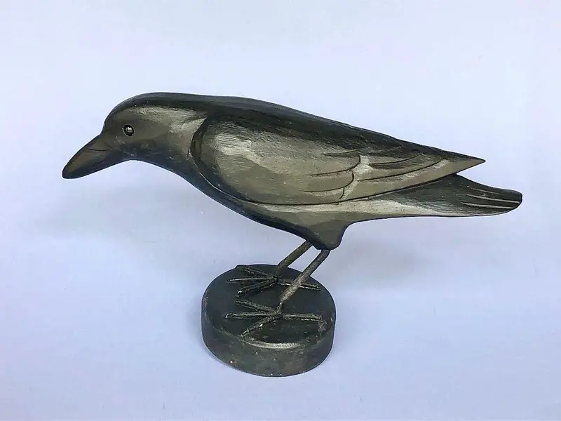 Hand-Carved Raven Sculpture On Solid Wood Base 1