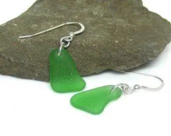 Natural Green Sea Glass Dangle Earrings 1