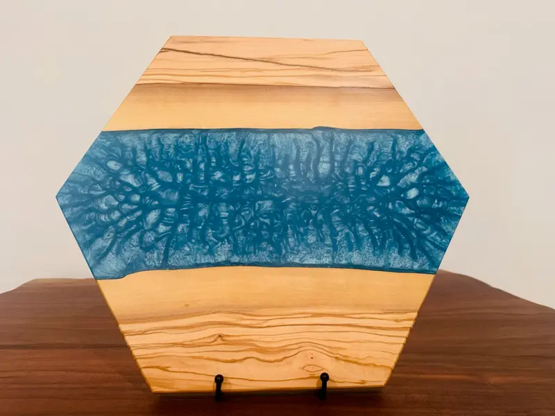 Octagonal Olivewood Board With Greek Turquoise Epoxy Inlay 1