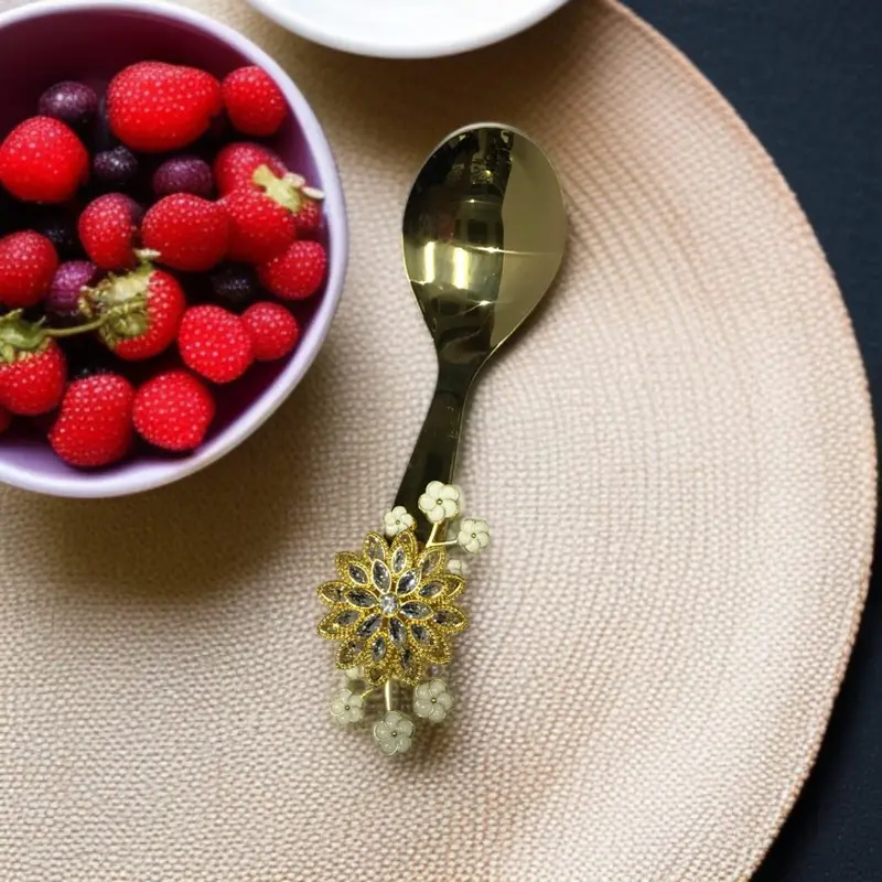 Ornate Flower-Embellished Golden Serving Spoon 1