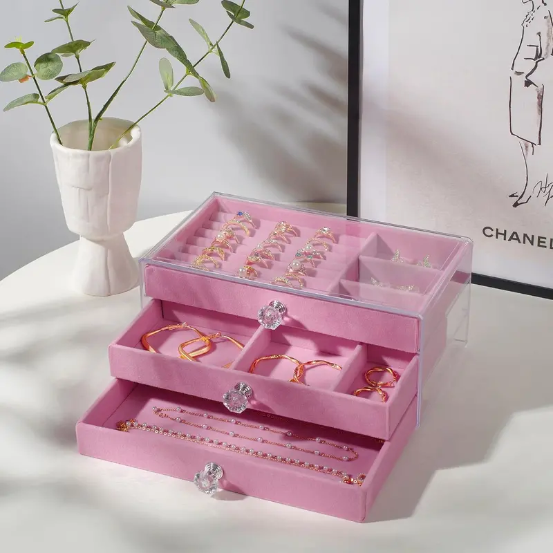 Rose Pink Acrylic Jewelry Organizer – 3-Drawer Stackable Box 1