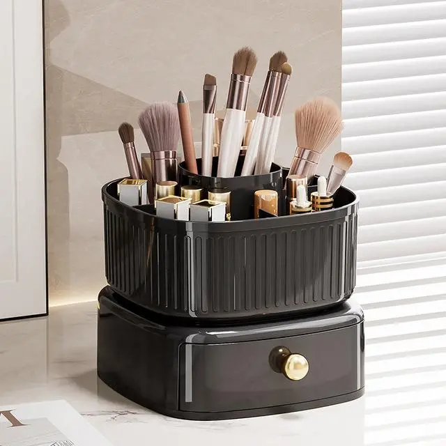 Rotating Cosmetic Organizer With Drawer – Black 1