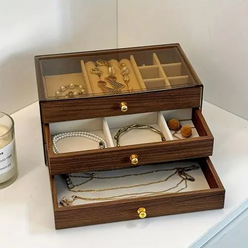 Wooden 3-Drawer Jewelry Storage Box – Natural Finish Organizer 1